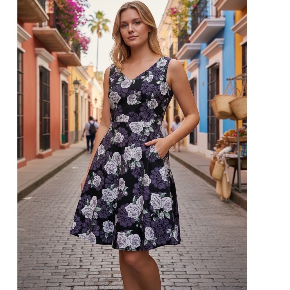Hell Bunny Purple Rose Floral Fit & Flare Dress Black Sweetheart‎ Pockets XS
